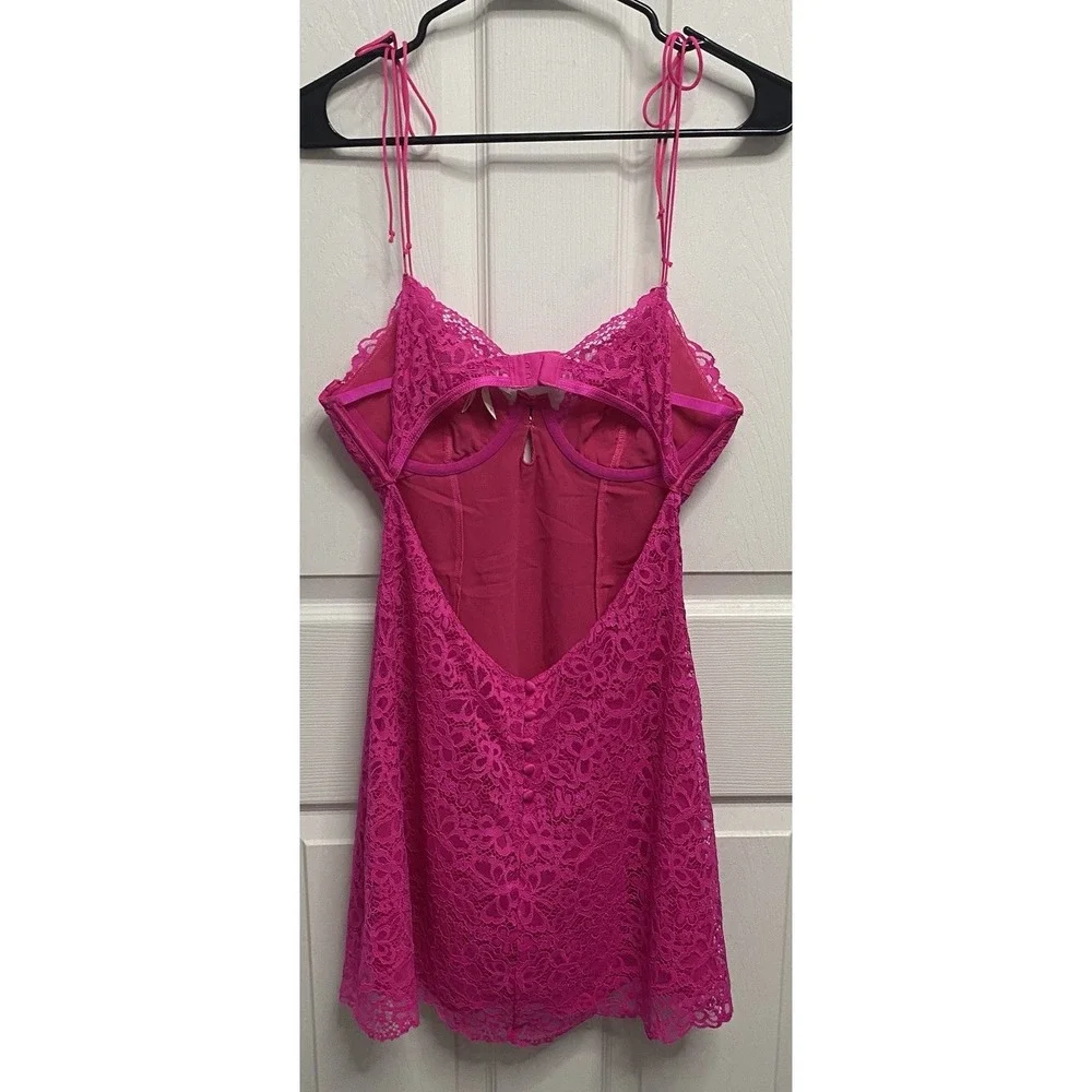 For Love&Lemons Women Hot Pink Lace Mini Dress Lingerie Victoria Secret M-EUC